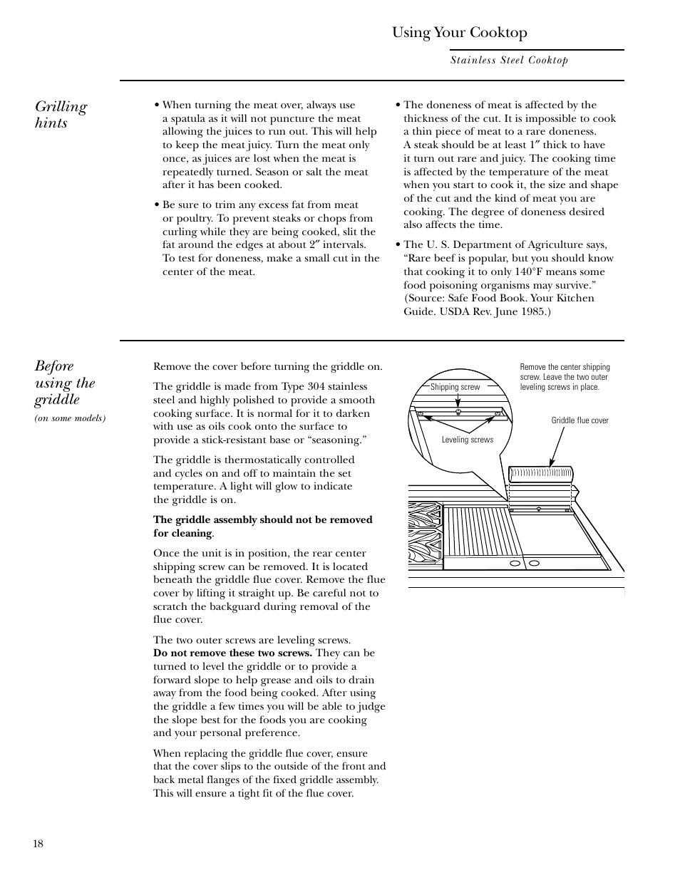 Griddle, Griddle , 19, Grilling hints | Before using the griddle, Using your cooktop | GE Monogram ZGU36L4D User Manual | Page 18 / 28