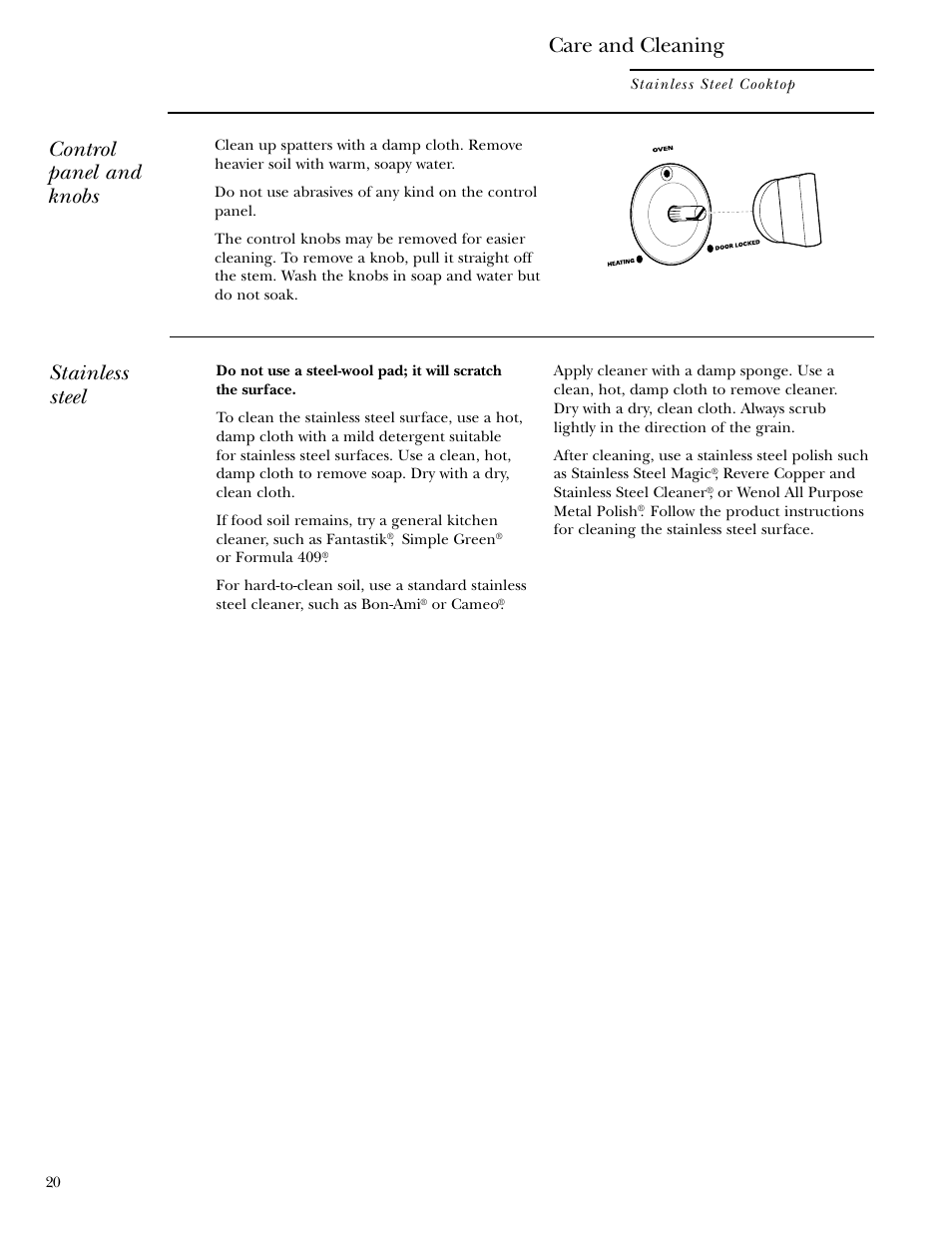 Control knobs, Stainless steel, Control panel and knobs | Care and cleaning | GE Monogram ZGU36L4D User Manual | Page 20 / 28