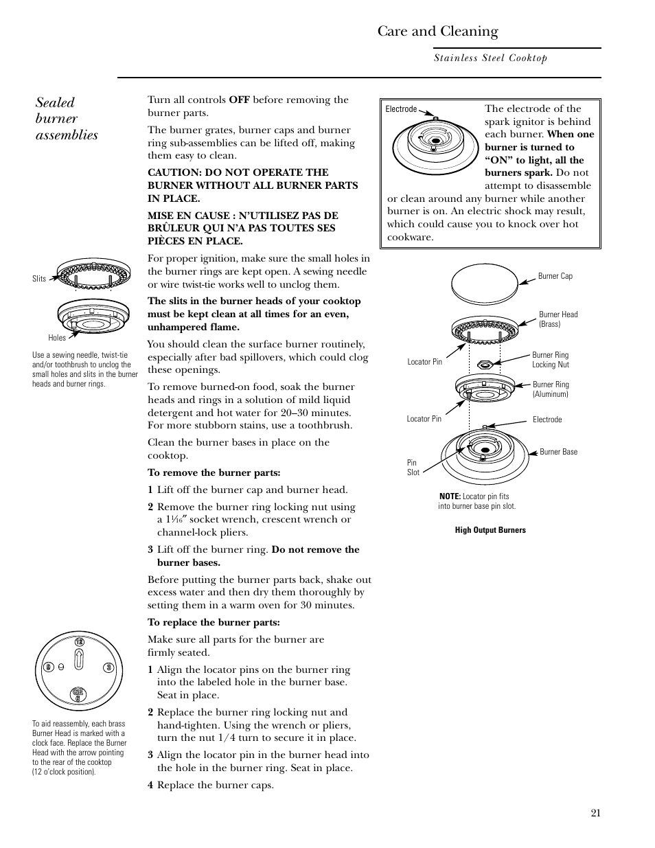 Burner assembly, Sealed burner assemblies, Care and cleaning | GE Monogram ZGU36L4D User Manual | Page 21 / 28