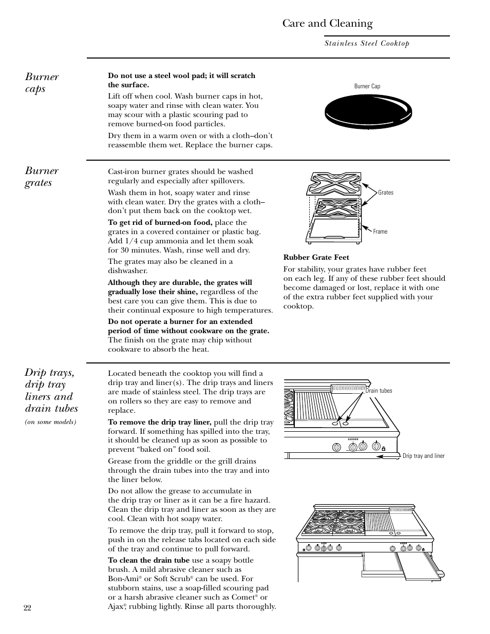 Drip trays, drain tubes, Burner caps, Burner grates | Drip trays, drip tray liners and drain tubes, Care and cleaning | GE Monogram ZGU36L4D User Manual | Page 22 / 28