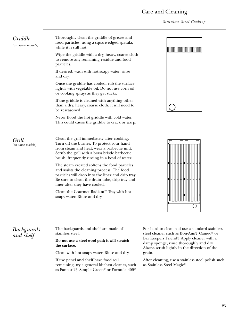 Backguards and shelf, Griddle, Grille | Griddle grille, Grill, Care and cleaning | GE Monogram ZGU36L4D User Manual | Page 23 / 28