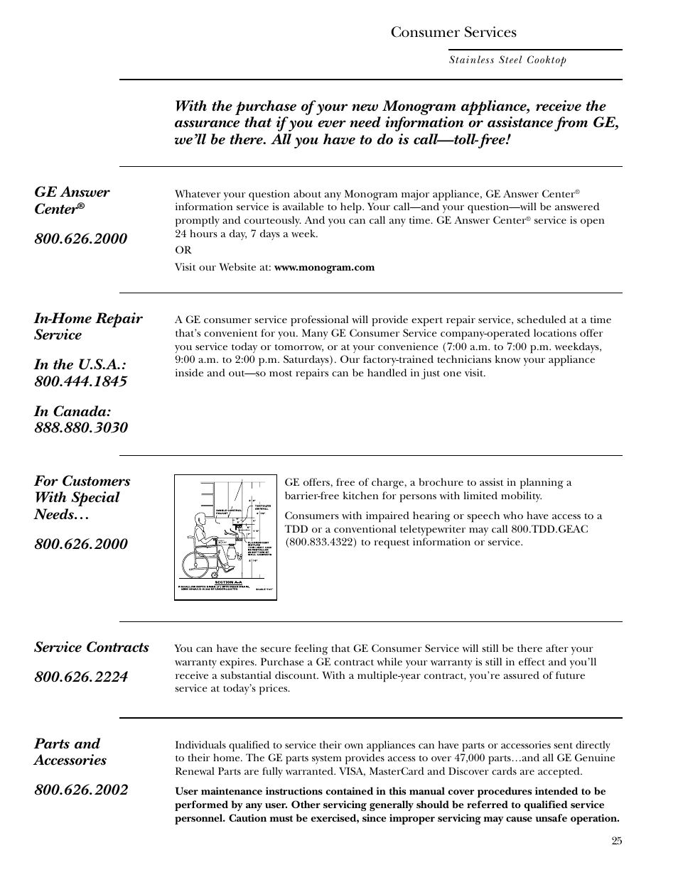 Important phone numbers, Ge answer center, 2000 consumer services | GE Monogram ZGU36L4D User Manual | Page 25 / 28