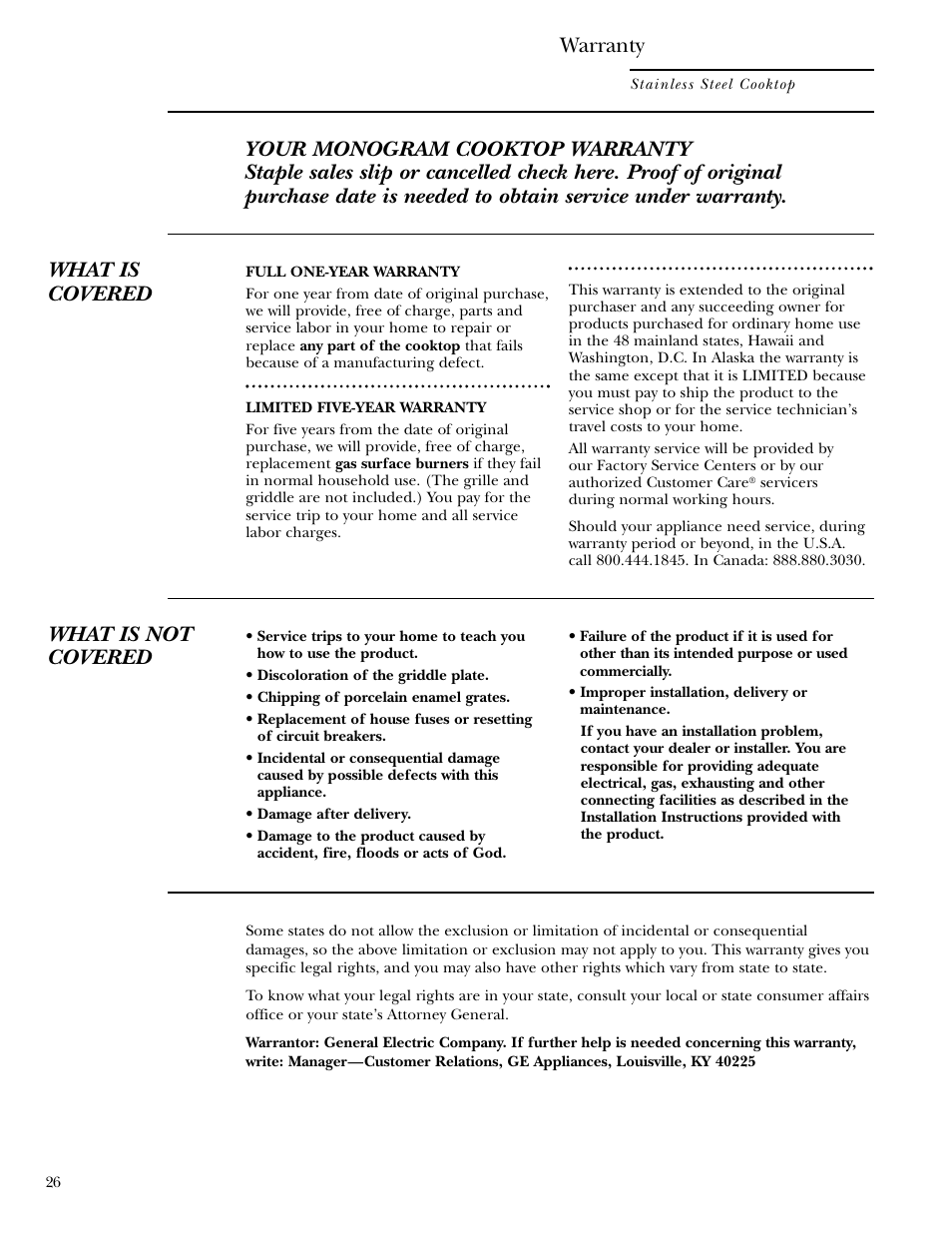 Warranty, What is not covered | GE Monogram ZGU36L4D User Manual | Page 26 / 28