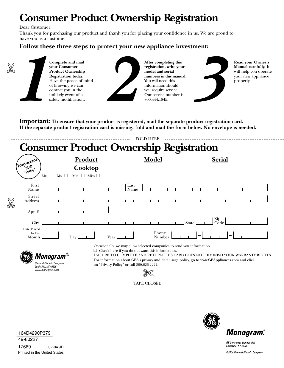 Product registration, Product registration , 27, 28, Consumer product ownership registration | GE Monogram ZGU36L4D User Manual | Page 28 / 28