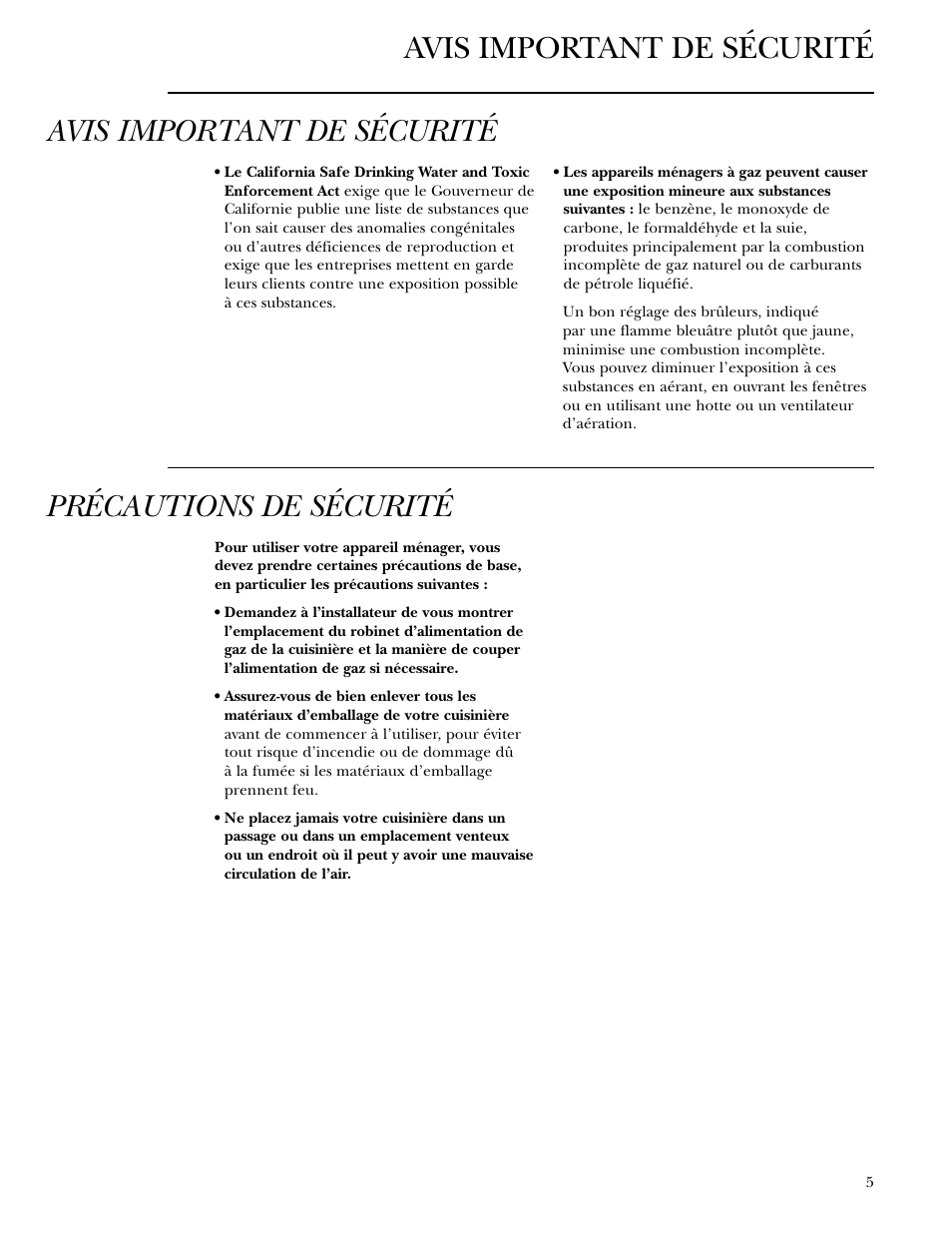 Avis important de sécurité, Précautions de sécurité | GE Monogram ZGU36L4D User Manual | Page 5 / 28