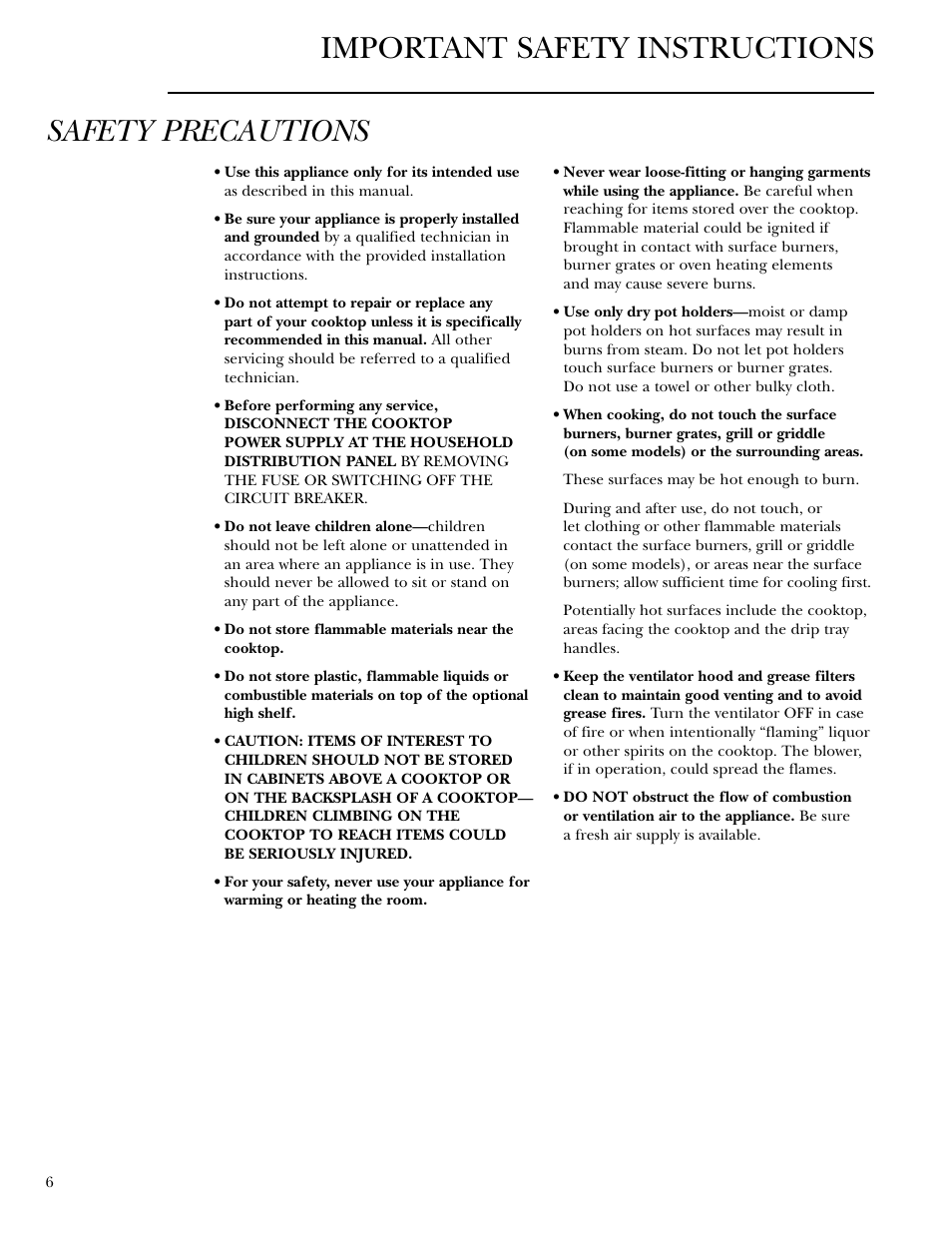 Important safety instructions safety precautions | GE Monogram ZGU36L4D User Manual | Page 6 / 28