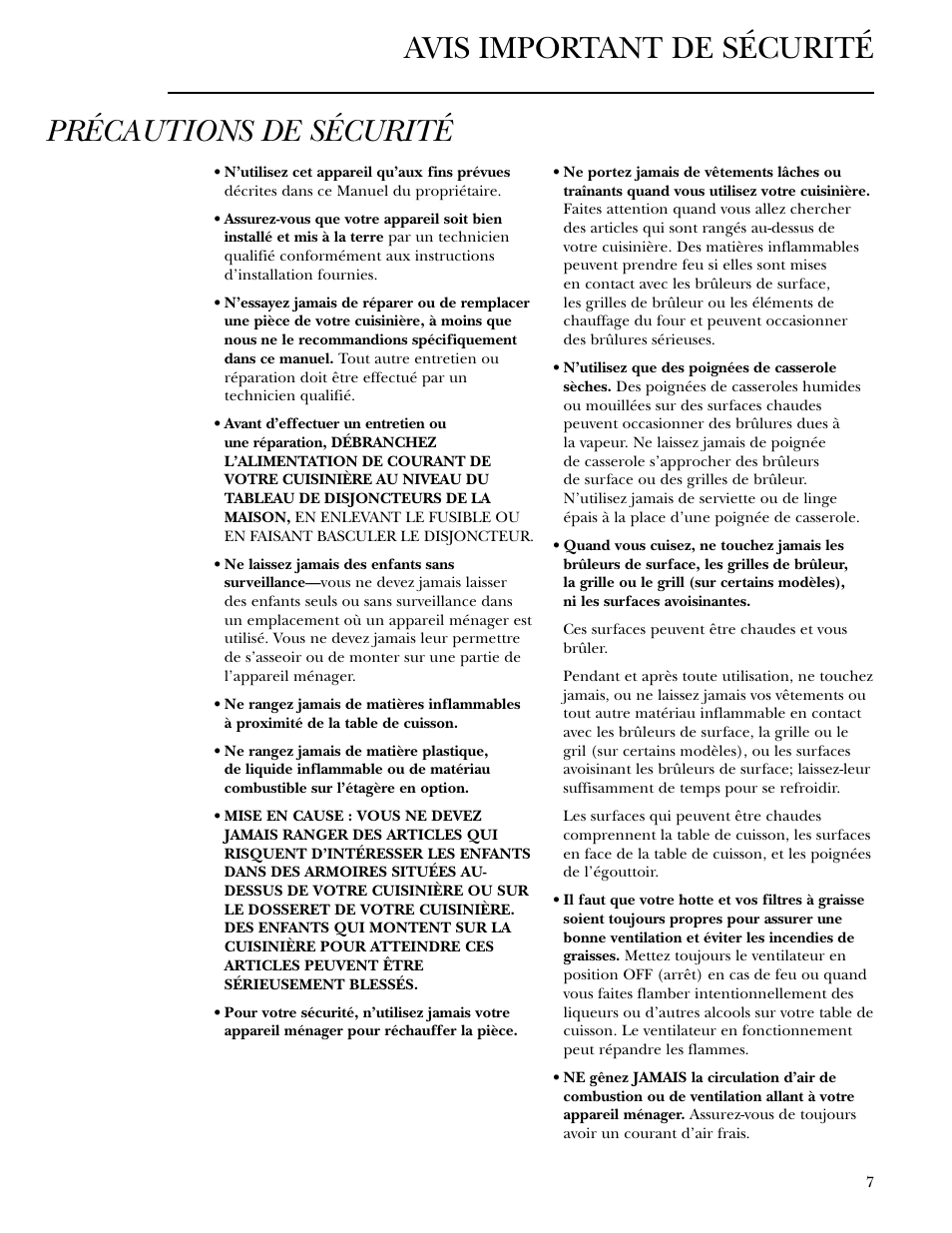 Avis important de sécurité précautions de sécurité | GE Monogram ZGU36L4D User Manual | Page 7 / 28