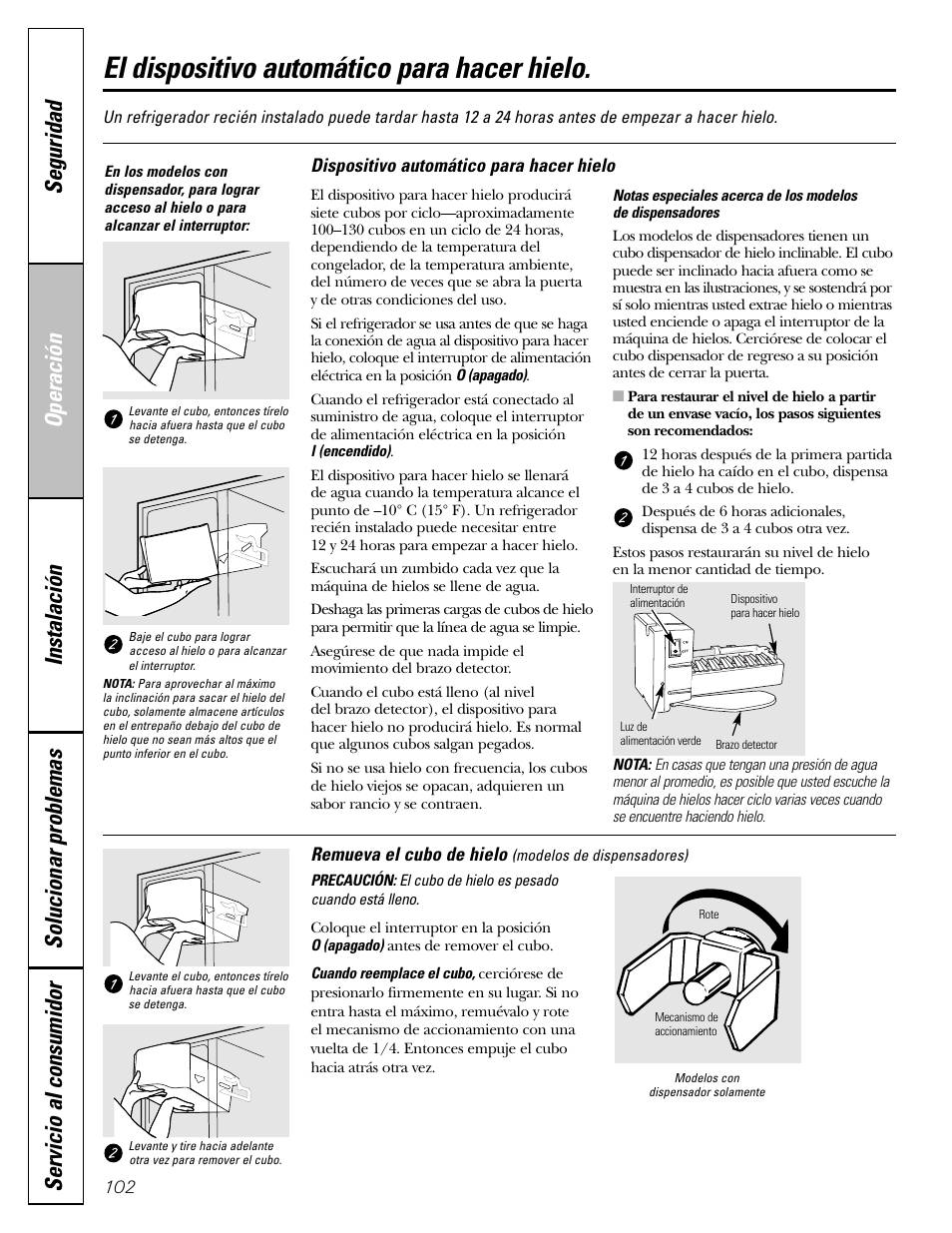 El dispositivo automático para hacer hielo | GE Monogram 22 User Manual | Page 102 / 132