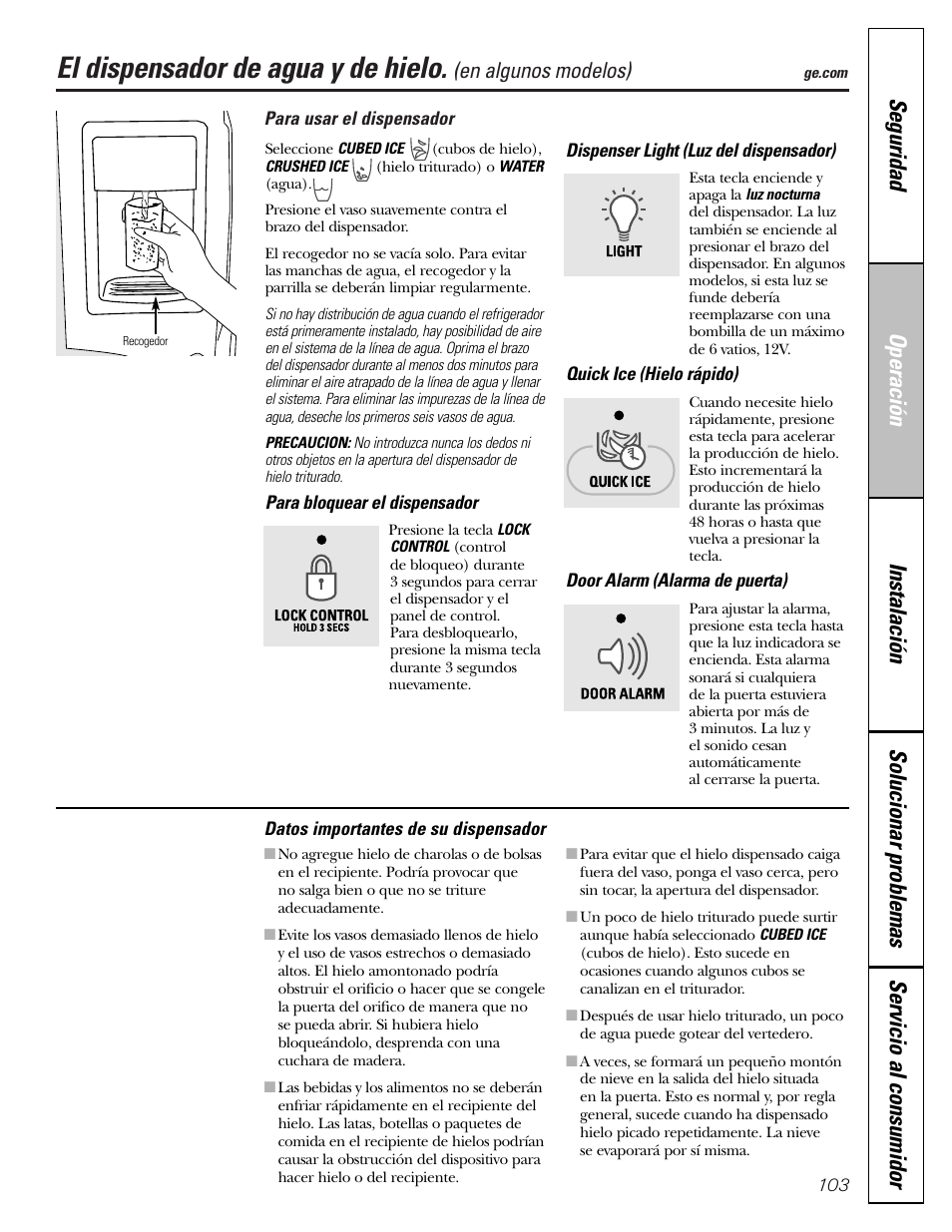 El dispensador de agua y de hielo, En algunos modelos) | GE Monogram 22 User Manual | Page 103 / 132