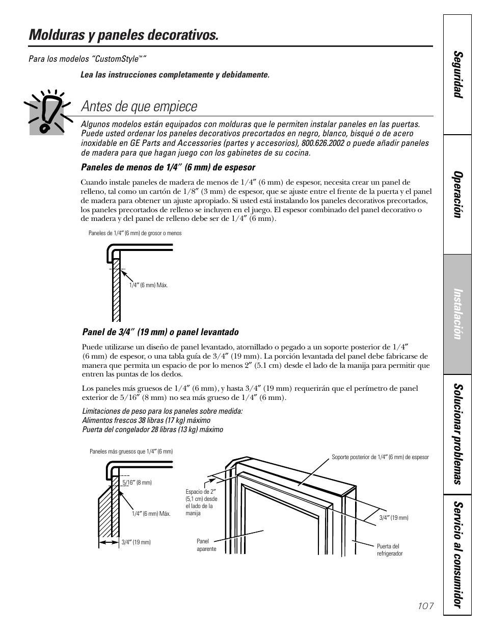 Molduras y paneles decorativos, Molduras y paneles decorativos –110, Antes de que empiece | GE Monogram 22 User Manual | Page 107 / 132