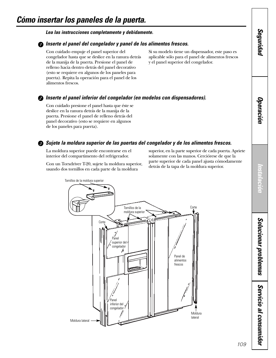 Cómo insertar los paneles de la puerta | GE Monogram 22 User Manual | Page 109 / 132