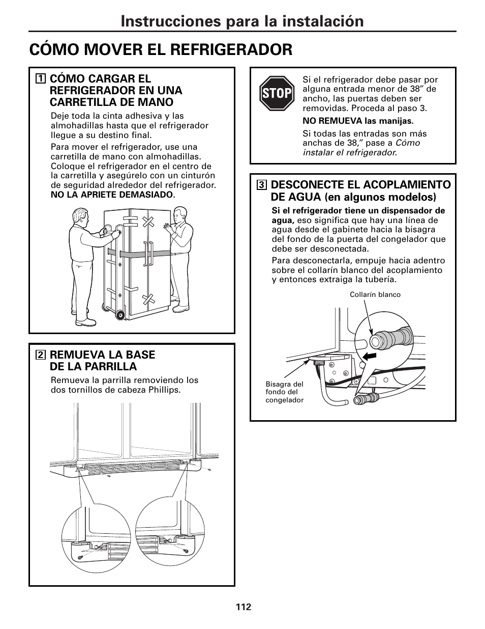 Cómo mover el refrigerador, Cómo mover el refrigerador –115, Instrucciones para la instalación | GE Monogram 22 User Manual | Page 112 / 132
