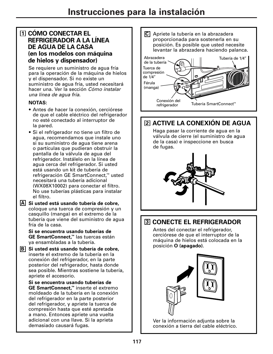 Instrucciones para la instalación, Active la conexión de agua, Conecte el refrigerador | GE Monogram 22 User Manual | Page 117 / 132