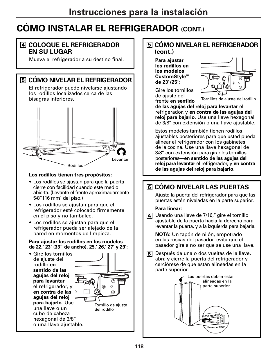 Cont.) coloque el refrigerador en su lugar, Cómo nivelar el refrigerador (cont.), Cómo nivelar el refrigerador | Cómo nivelar las puertas | GE Monogram 22 User Manual | Page 118 / 132