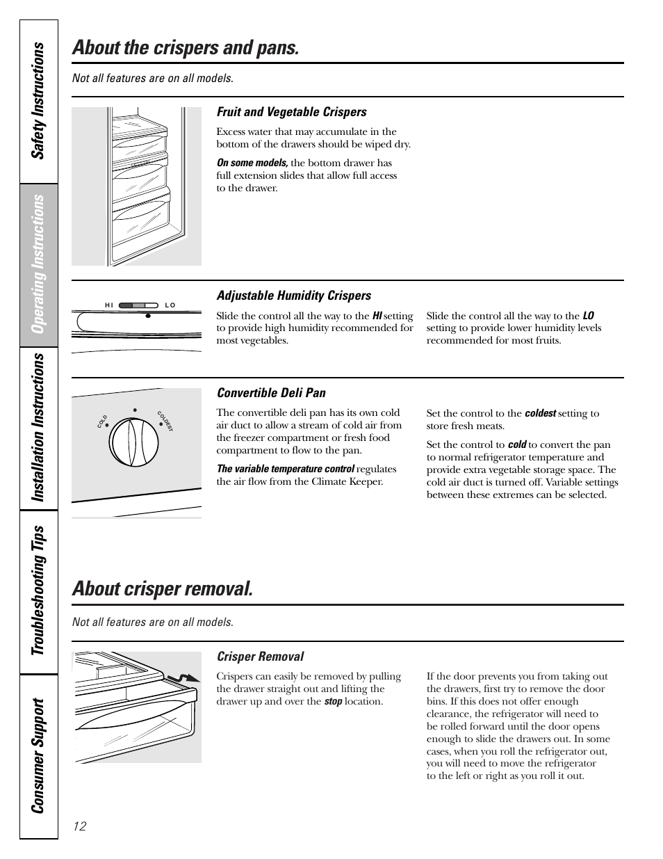 Crispers and pans, About the crispers and pans. about crisper removal | GE Monogram 22 User Manual | Page 12 / 132