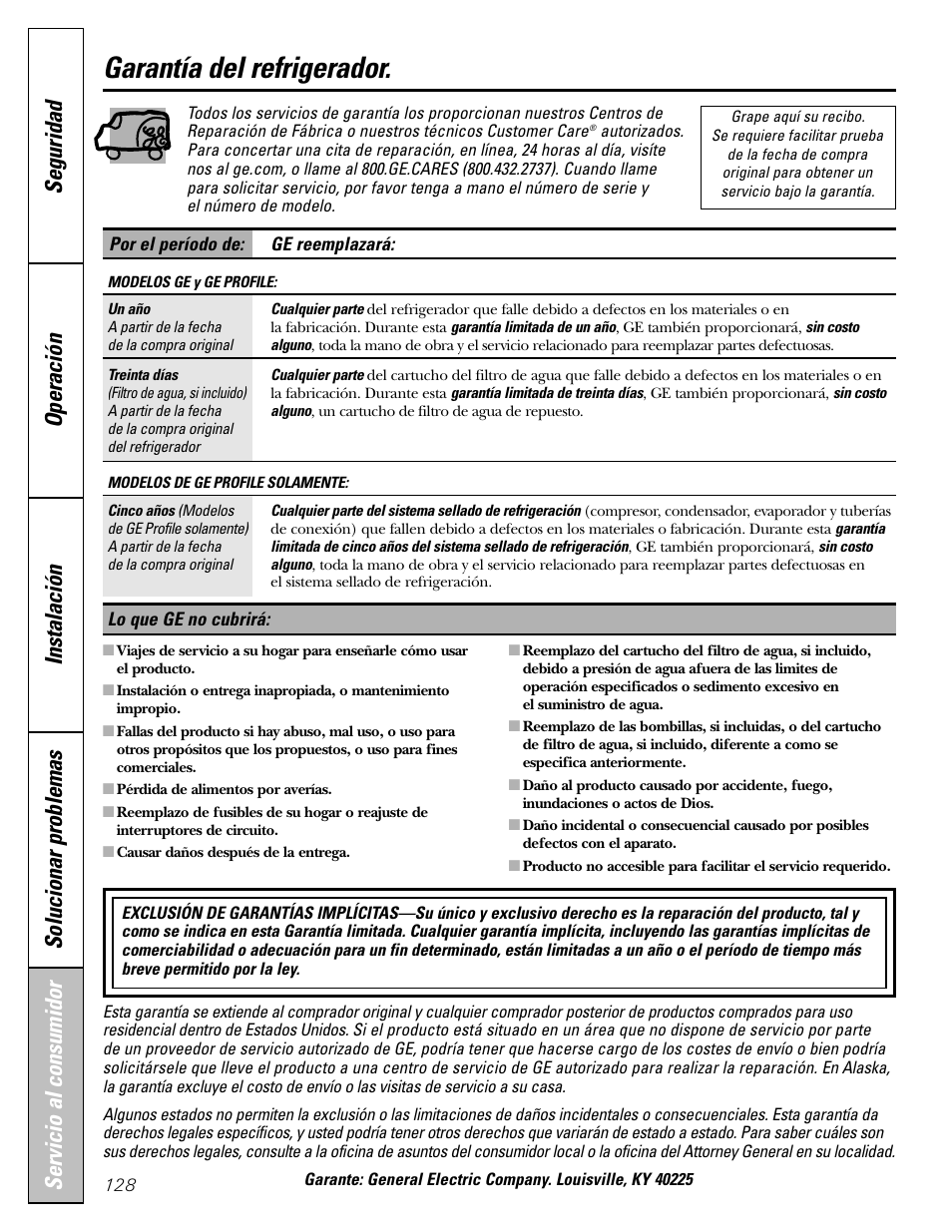 Garantía para consumidores en los estados unidos, Garantía del refrigerador | GE Monogram 22 User Manual | Page 128 / 132
