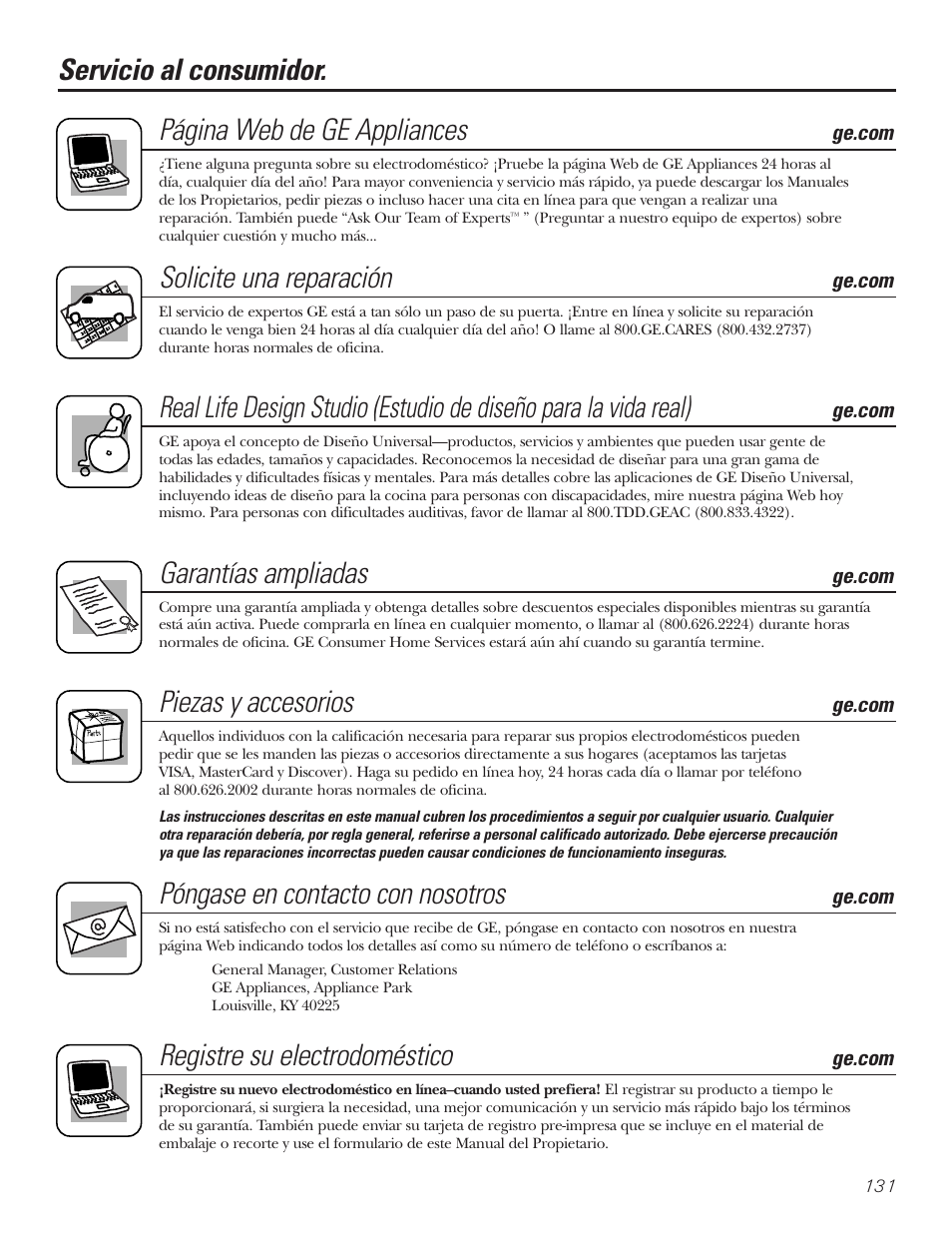 Servicio al consumidor, Solicite una reparación, Garantías ampliadas | Piezas y accesorios, Póngase en contacto con nosotros, Registre su electrodoméstico | GE Monogram 22 User Manual | Page 131 / 132