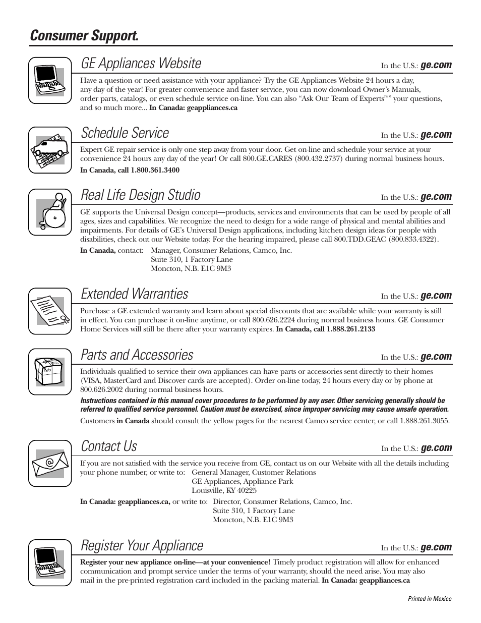 Consumer support, Consumer support . . . . . . . . .back cover, Consumer support. ge appliances website | Schedule service, Real life design studio, Extended warranties, Parts and accessories, Contact us, Register your appliance | GE Monogram 22 User Manual | Page 132 / 132