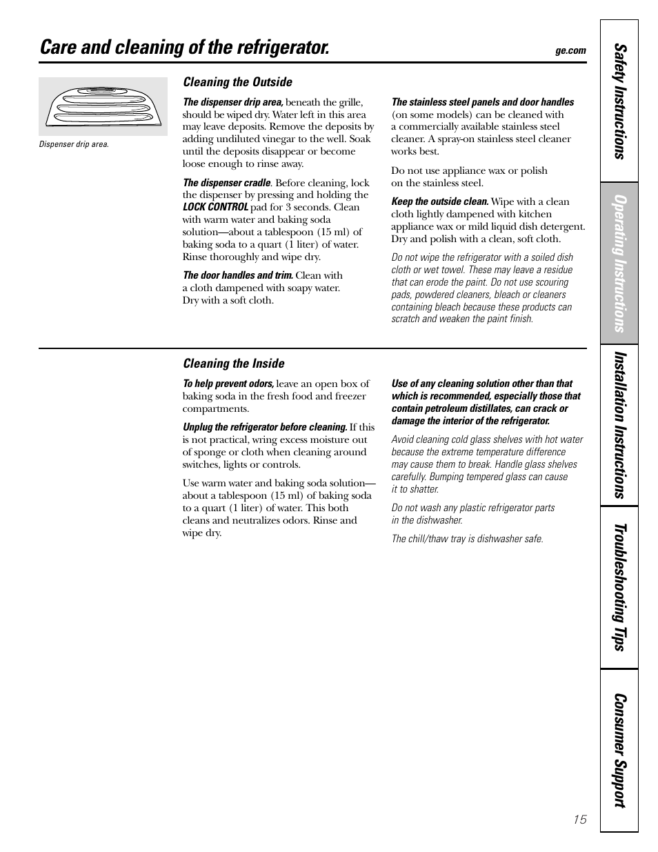 Care and cleaning, Care and cleaning , 16, Care and cleaning of the refrigerator | GE Monogram 22 User Manual | Page 15 / 132