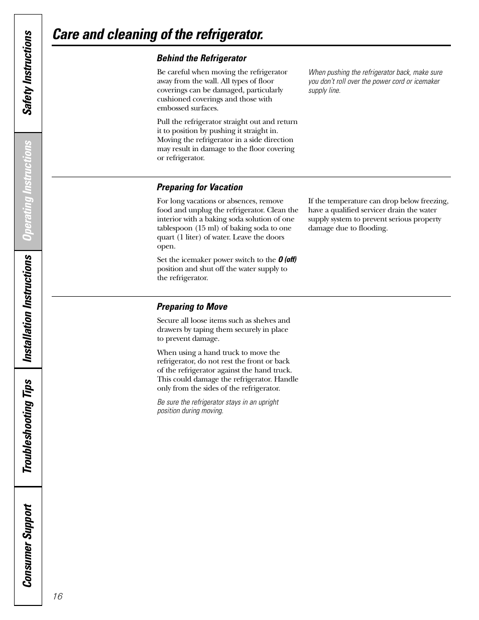 Care and cleaning of the refrigerator | GE Monogram 22 User Manual | Page 16 / 132
