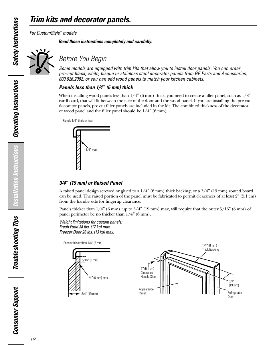 Trim kits and panels, Trim kits and panels –21, Trim kits and decorator panels | Before you begin | GE Monogram 22 User Manual | Page 18 / 132