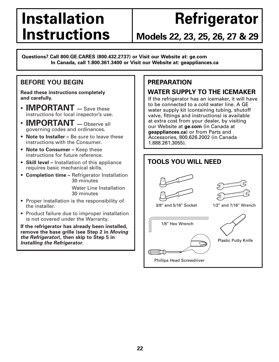 Preparing to install the refrigerator, Installation refrigerator instructions, Important | GE Monogram 22 User Manual | Page 22 / 132