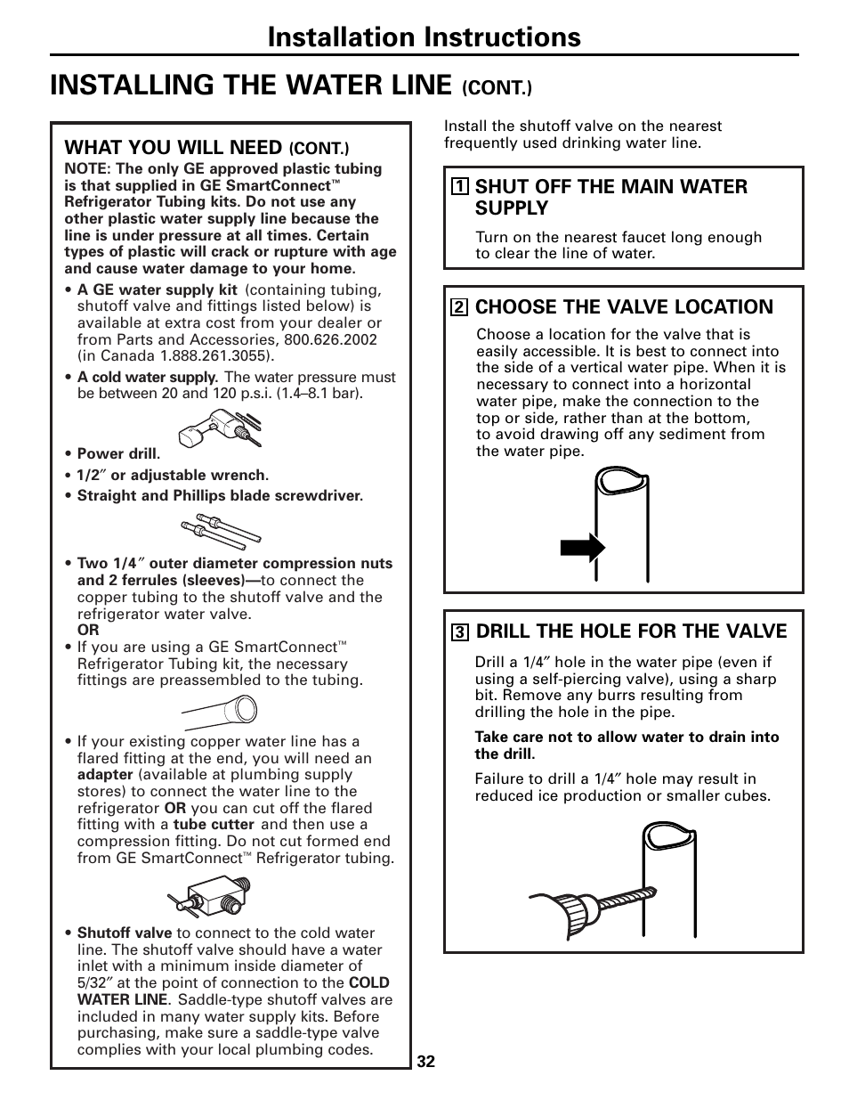 Installation instructions, Installing the water line | GE Monogram 22 User Manual | Page 32 / 132