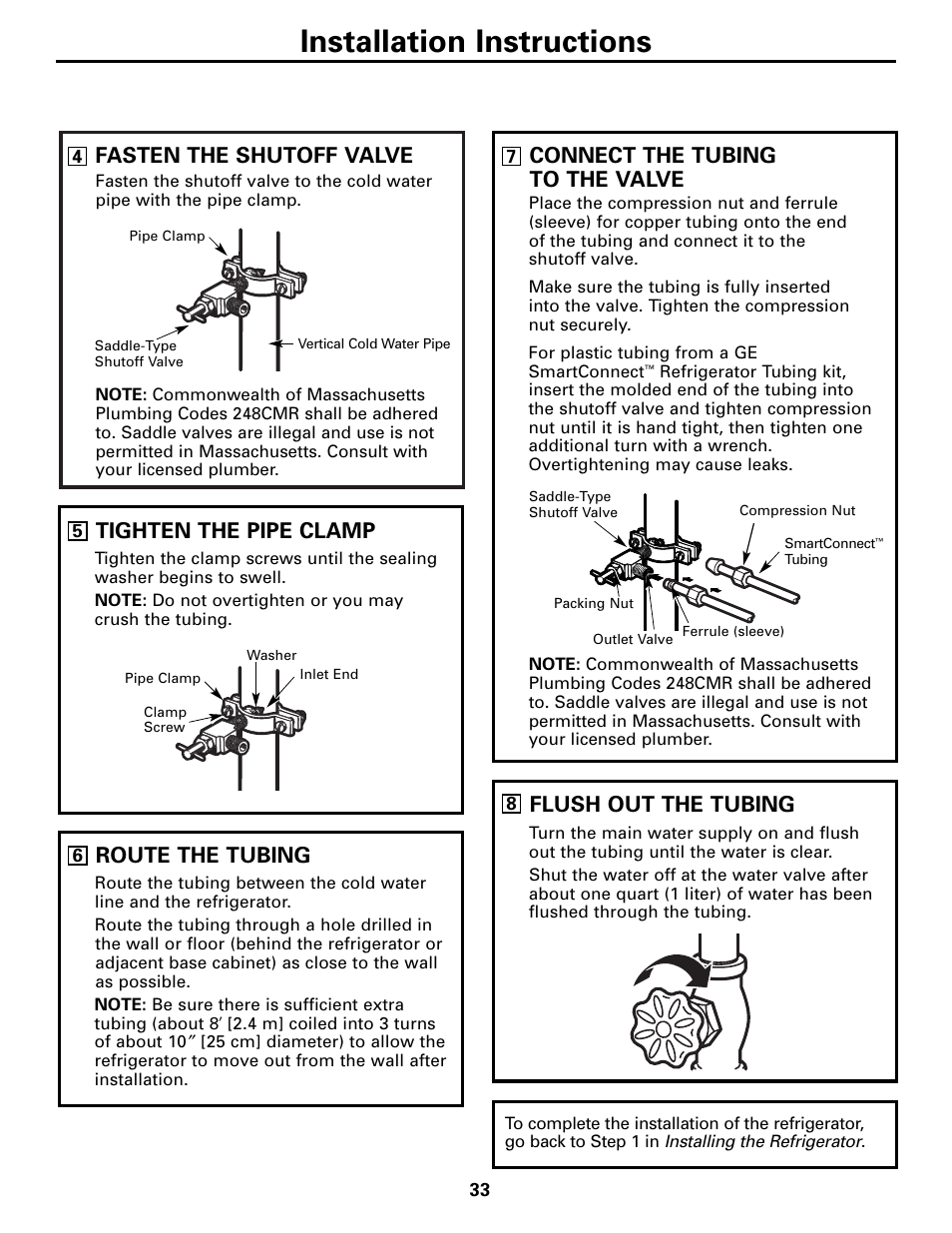 Installation instructions, Fasten the shutoff valve, Connect the tubing to the valve | Flush out the tubing, Tighten the pipe clamp, Route the tubing | GE Monogram 22 User Manual | Page 33 / 132