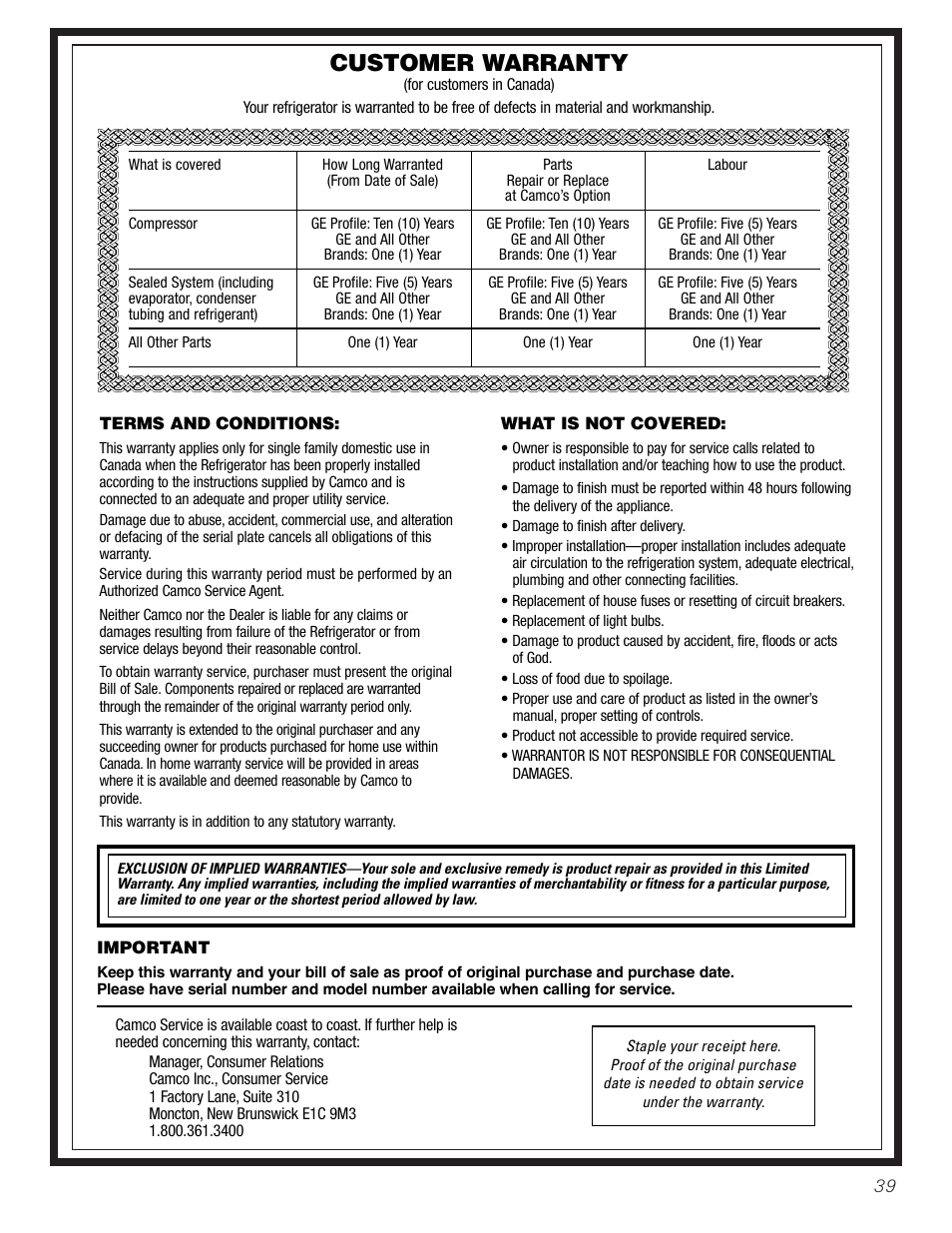 Warranty (canadian), Customer warranty | GE Monogram 22 User Manual | Page 39 / 132