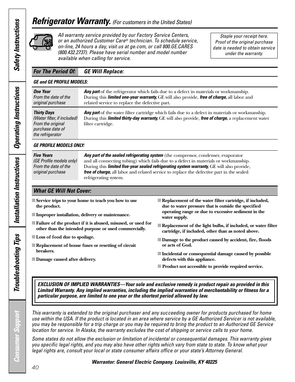 Warranty (u.s.), Refrigerator warranty | GE Monogram 22 User Manual | Page 40 / 132