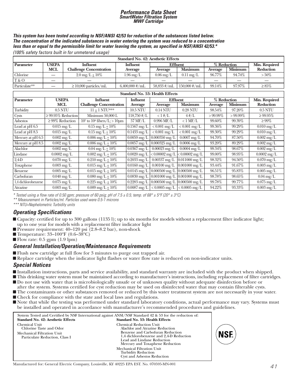 Performance data sheet, Operating specifications, Special notices | GE Monogram 22 User Manual | Page 41 / 132