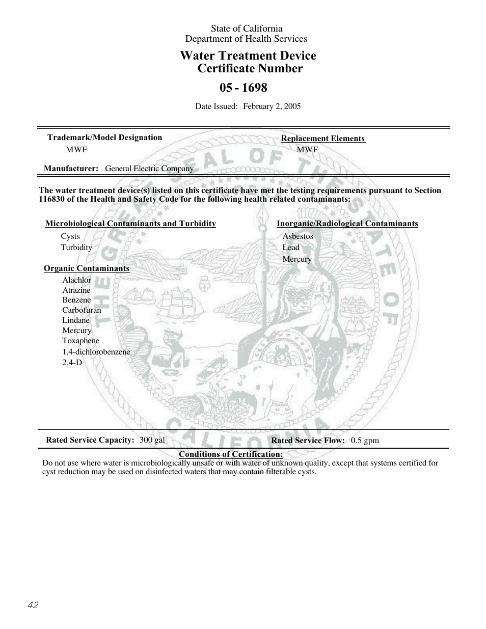 Water treatment device certificate number | GE Monogram 22 User Manual | Page 42 / 132