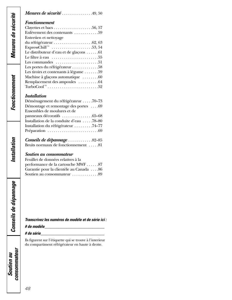 Francais, Fonctionnement, Installation | Soutien au consommateur | GE Monogram 22 User Manual | Page 48 / 132
