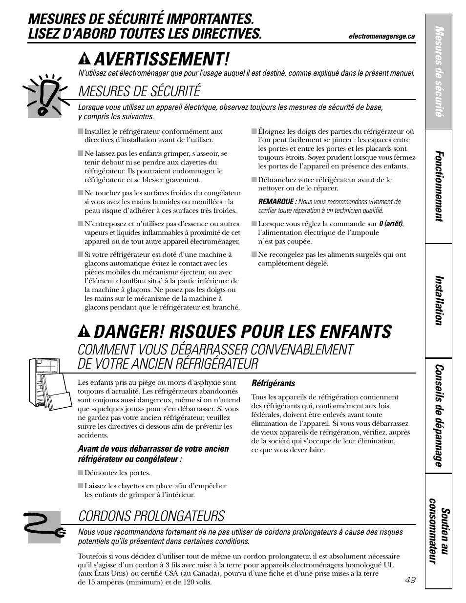 Mesures de sécurité, Avertissement, Danger! risques pour les enfants | Cordons prolongateurs | GE Monogram 22 User Manual | Page 49 / 132