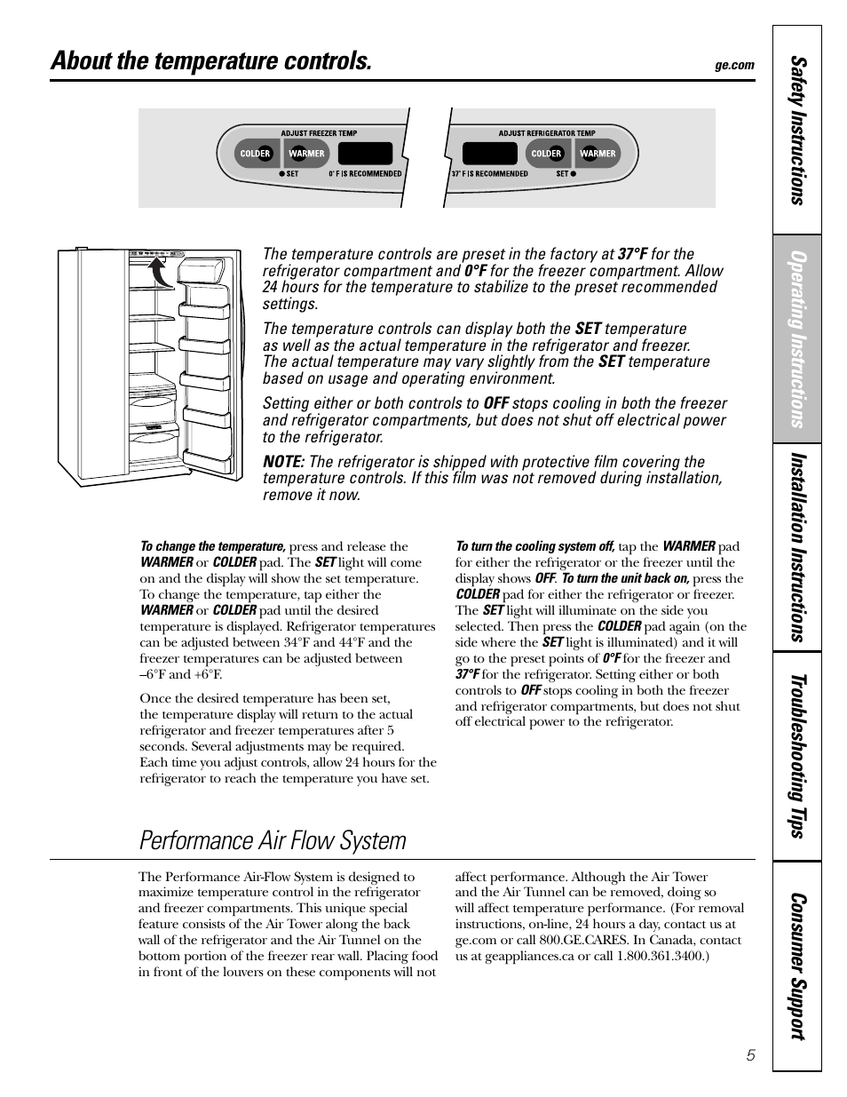 Temperature controls, About the temperature controls, Performance air flow system | GE Monogram 22 User Manual | Page 5 / 132
