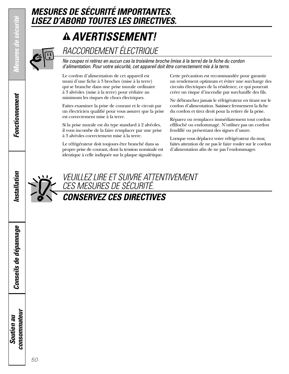 Avertissement, Raccordement électrique | GE Monogram 22 User Manual | Page 50 / 132