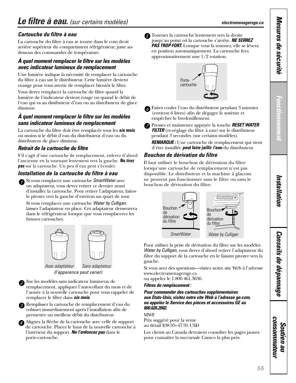 Le filtre à eau, Sur certains modèles) | GE Monogram 22 User Manual | Page 55 / 132