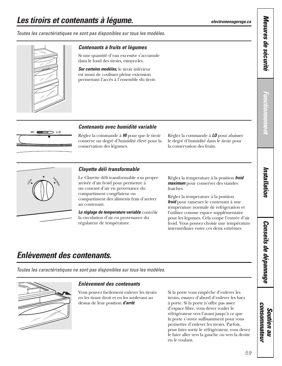 Enlèvement des contenants, Les tiroirs et contenants à légume | GE Monogram 22 User Manual | Page 59 / 132