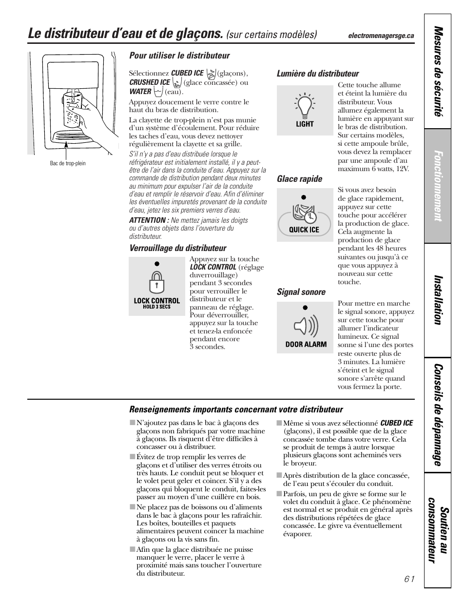 Le distributeur d’eau et de glaçons, Sur certains modèles) | GE Monogram 22 User Manual | Page 61 / 132