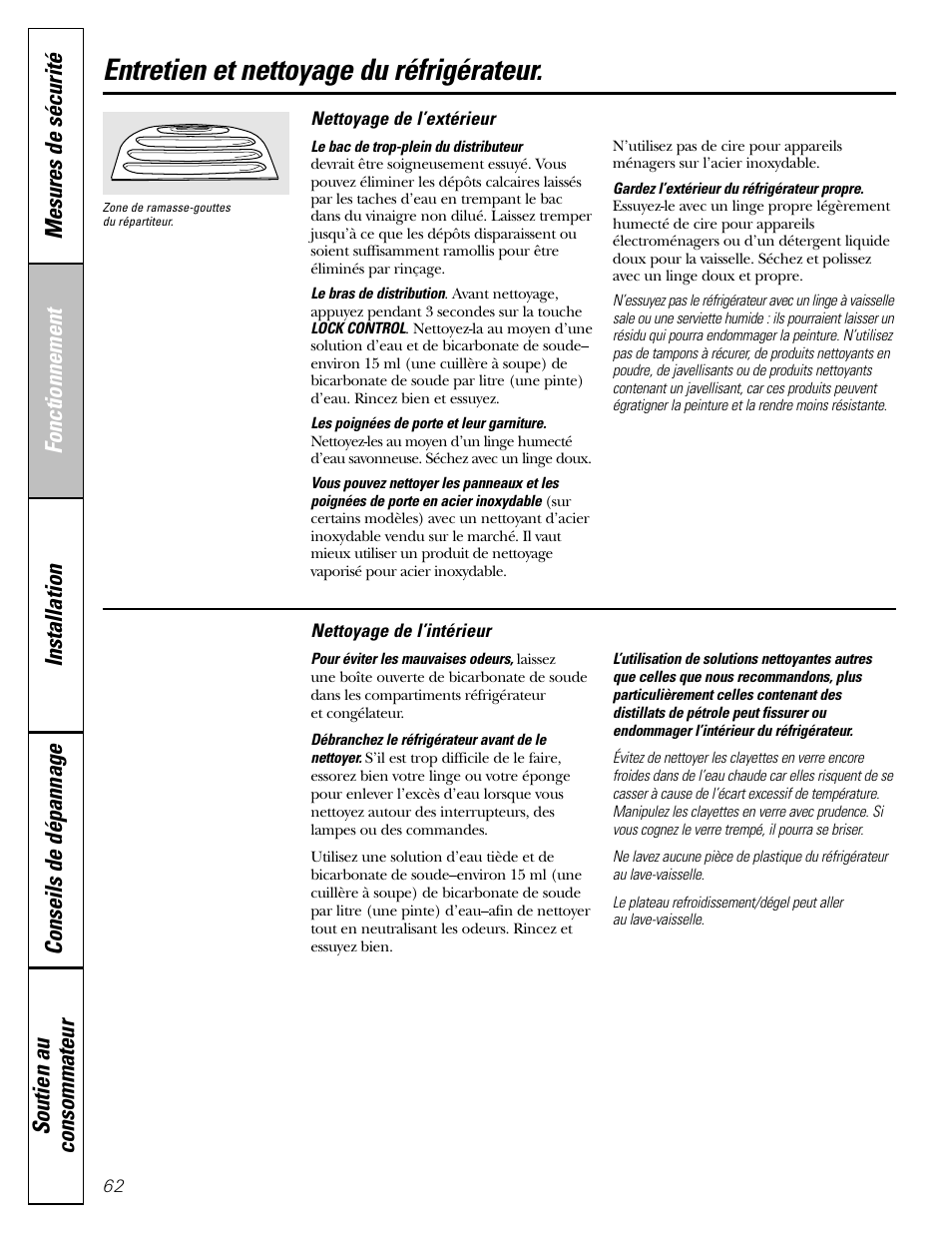 Entretien et nettoyage du réfrigérateur, Entretien et nettoyage du réfrigérateur , 63 | GE Monogram 22 User Manual | Page 62 / 132