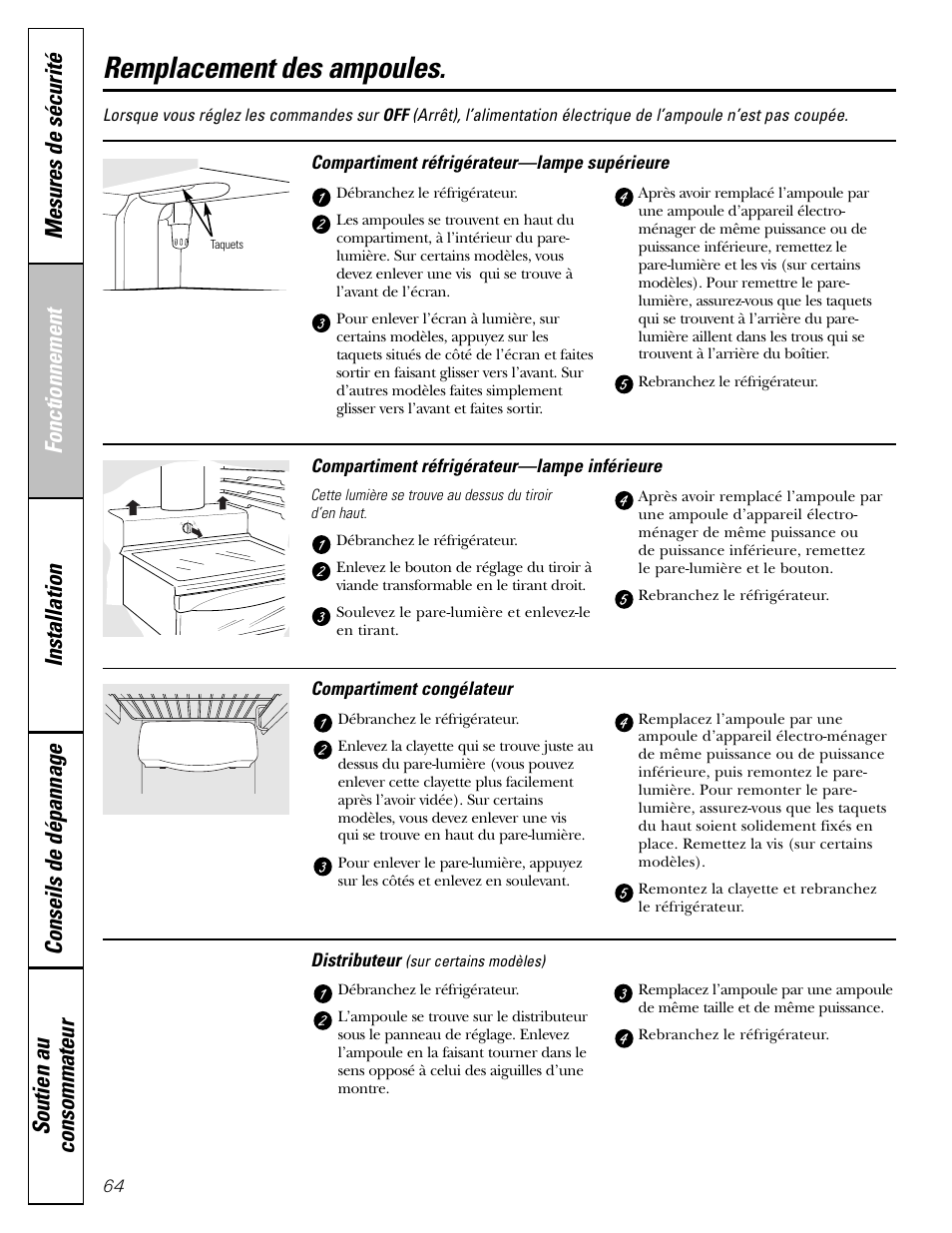 Remplacement des ampoules | GE Monogram 22 User Manual | Page 64 / 132