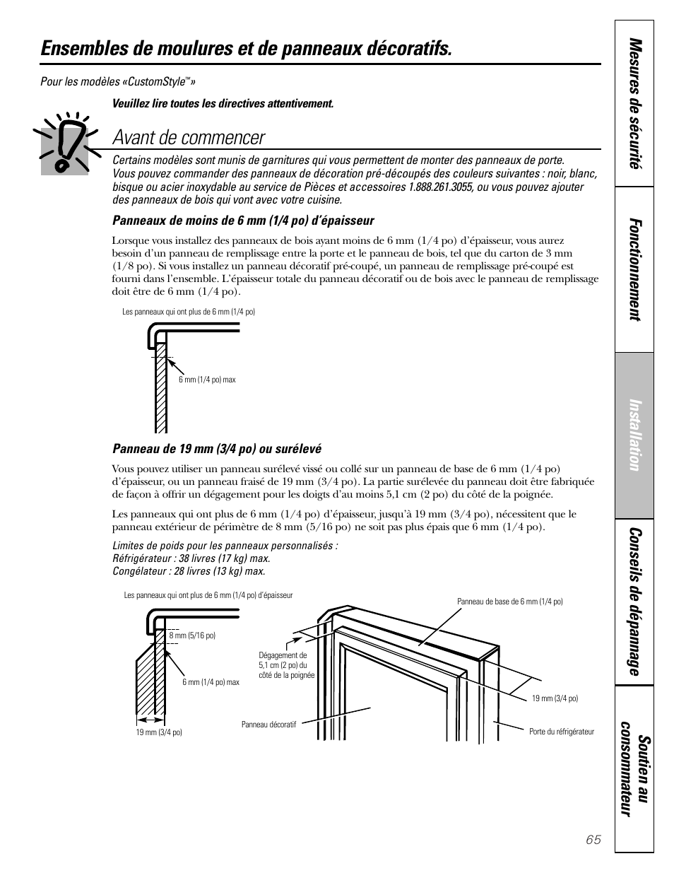 Ensembles de moulures et de panneaux décoratifs, Avant de commencer | GE Monogram 22 User Manual | Page 65 / 132