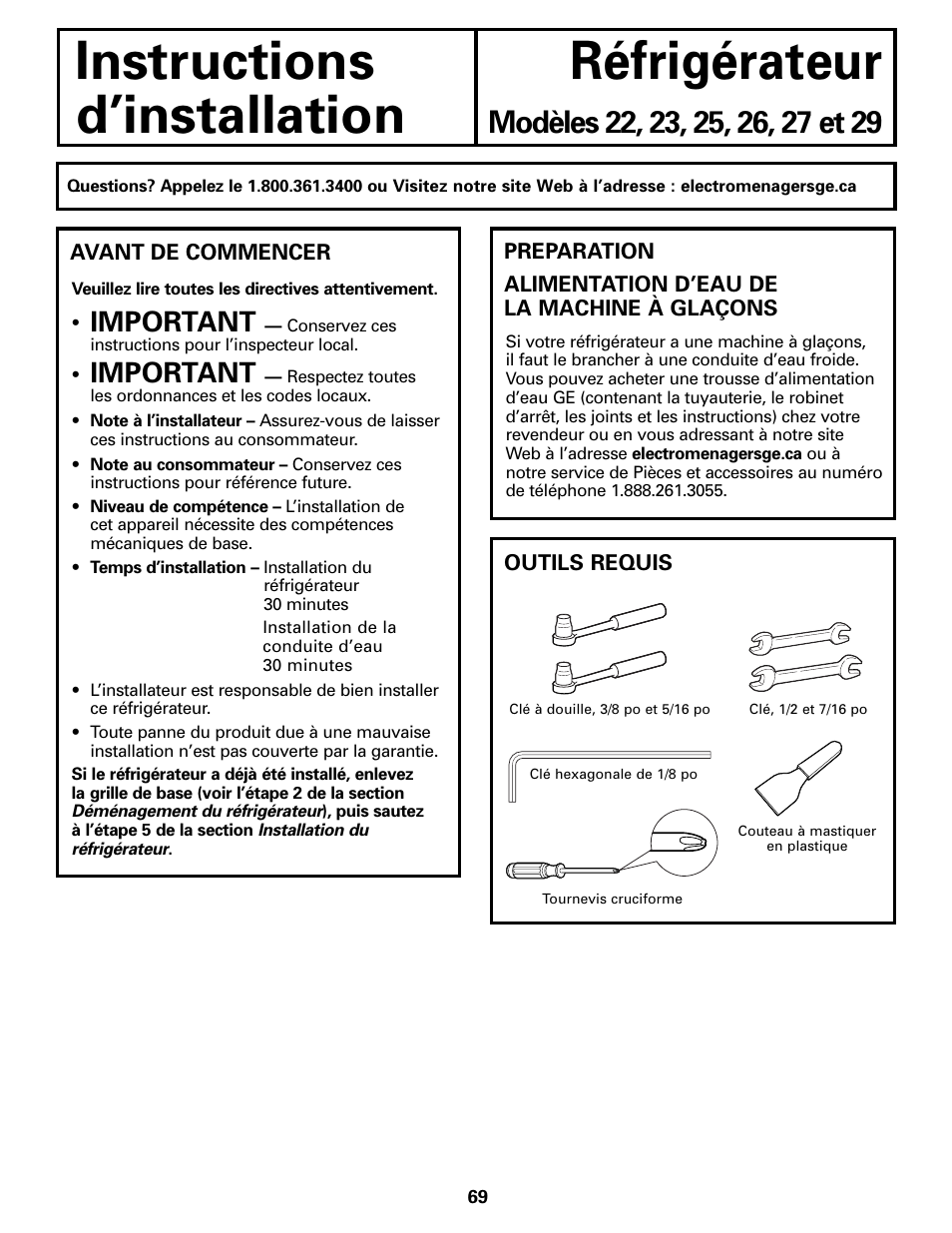 Démontage et remontage des portes, Préparation, Instructions réfrigérateur d’installation | Important | GE Monogram 22 User Manual | Page 69 / 132