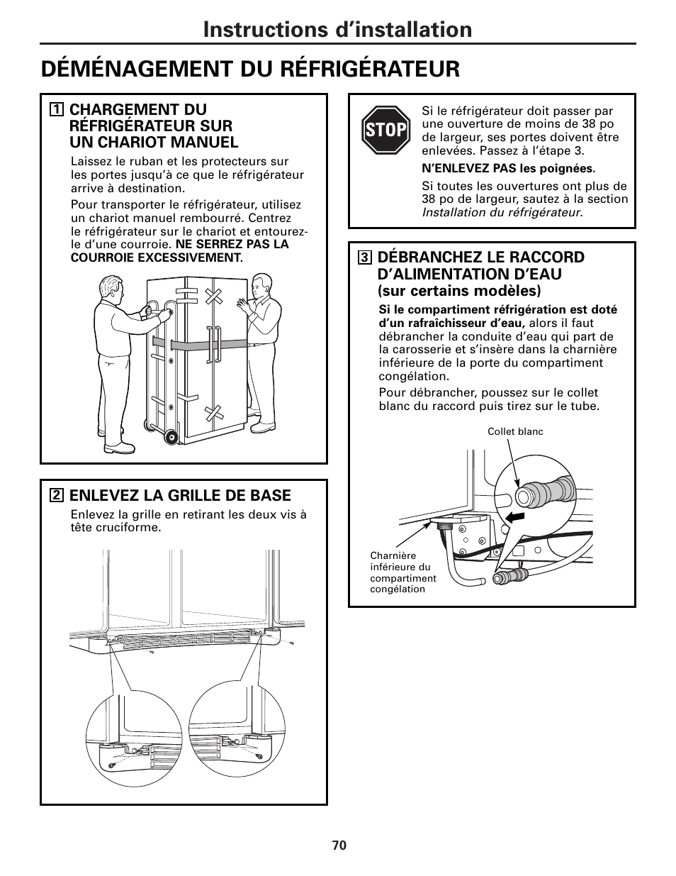 Déménagement du réfrigérateur, Déménagement du réfrigérateur –73, Instructions d’installation | GE Monogram 22 User Manual | Page 70 / 132