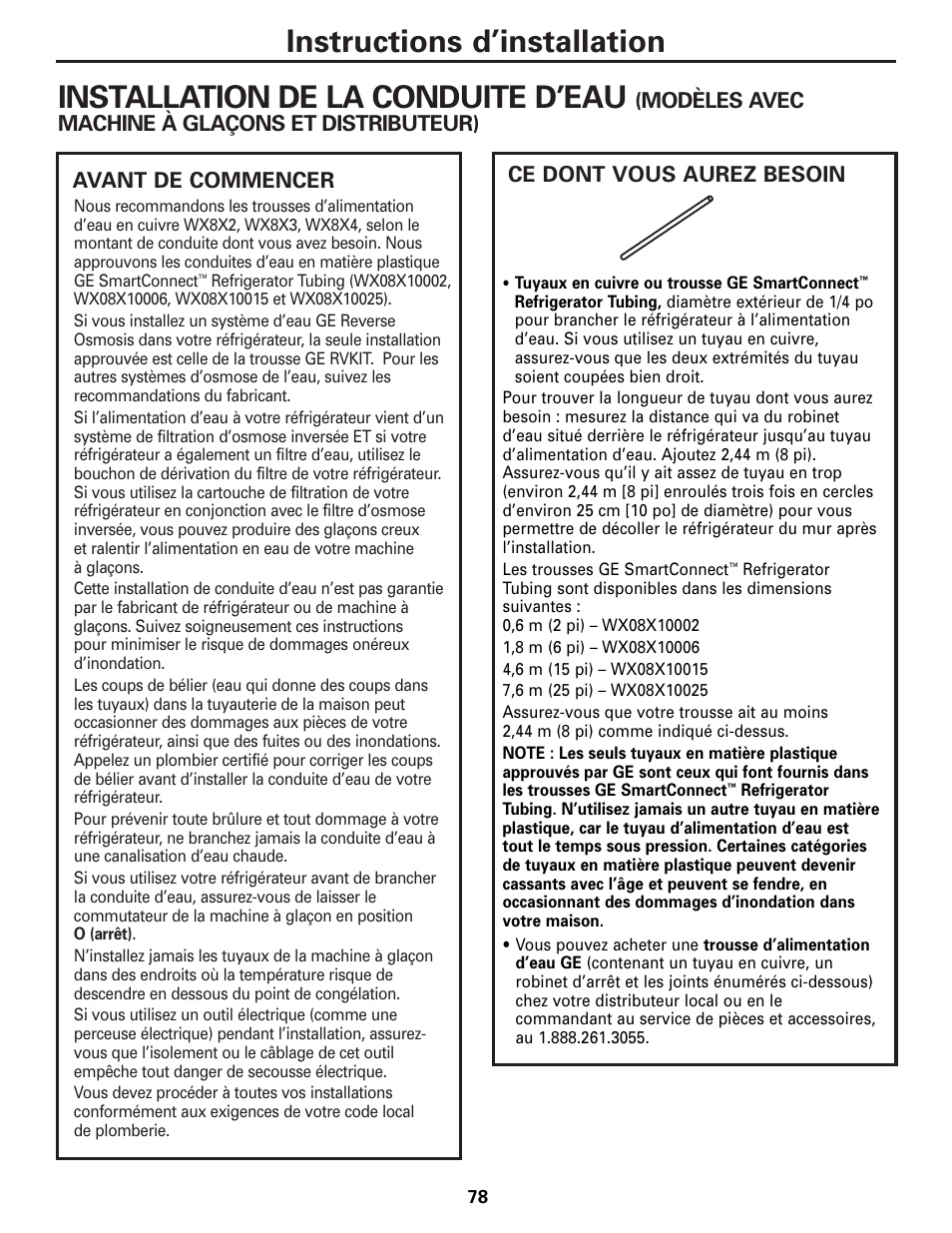 Installation de la conduite d’eau, Installation de la conduite d’eau –80, Instructions d’installation | GE Monogram 22 User Manual | Page 78 / 132