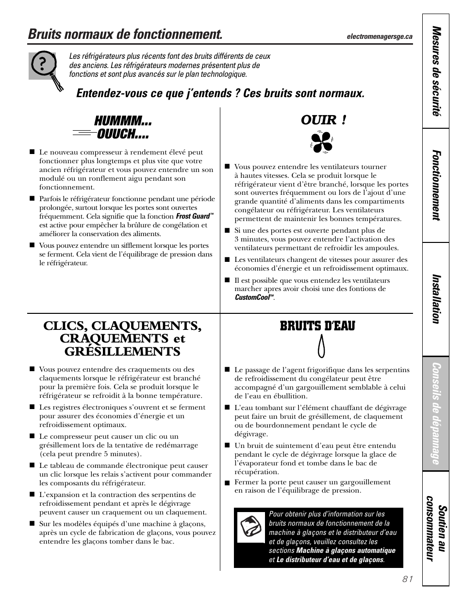 Bruits normaux de fonctionnement, Hummm... ouuch, Clics, claquements, craquements et grésillements | Bruits d’eau, Ouir | GE Monogram 22 User Manual | Page 81 / 132