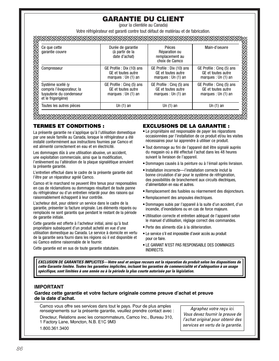 Garantie pour la clientèle au canada, Garantie du client | GE Monogram 22 User Manual | Page 86 / 132