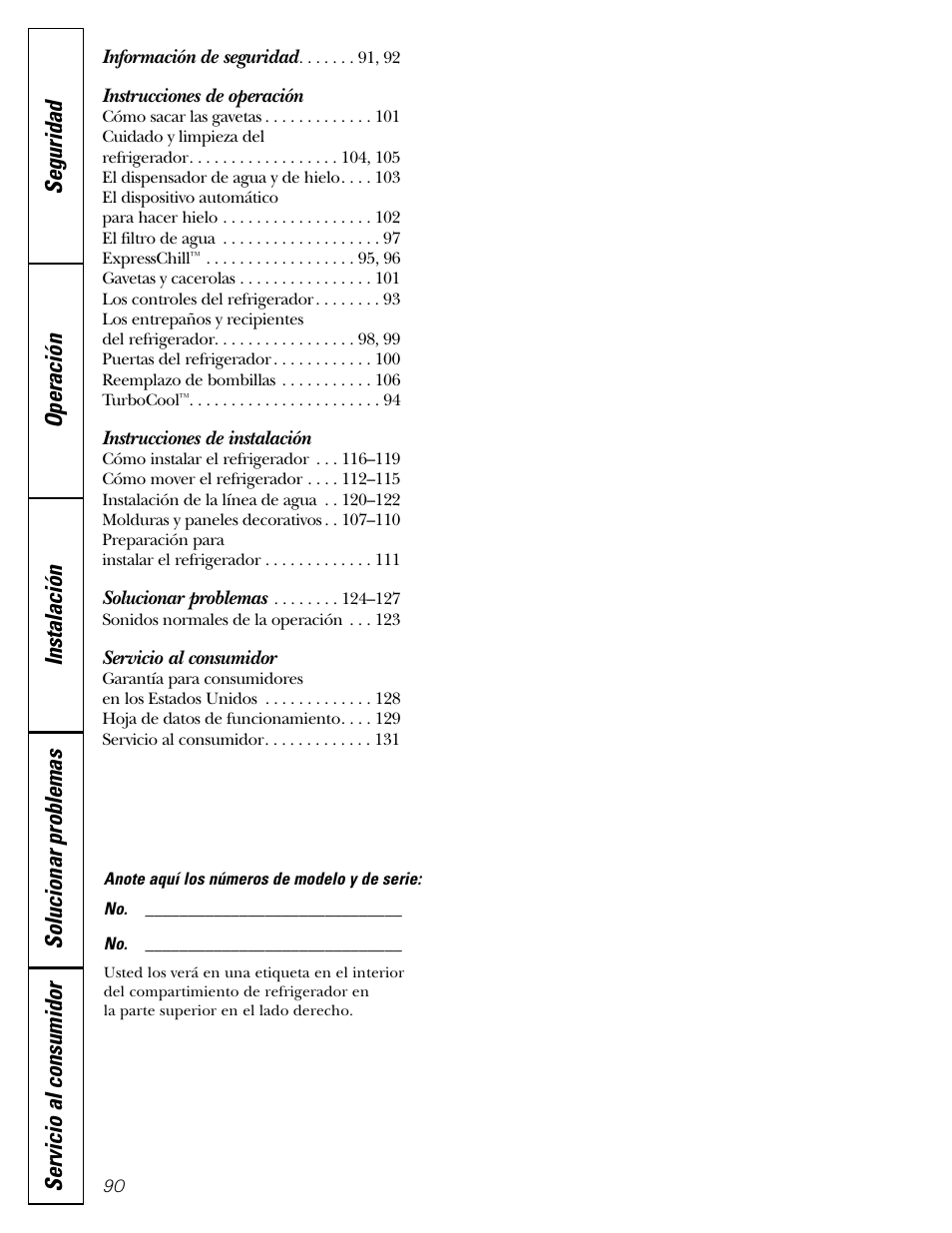 Español, Instrucciones de operación, Instrucciones de instalación | Servicio al consumidor | GE Monogram 22 User Manual | Page 90 / 132