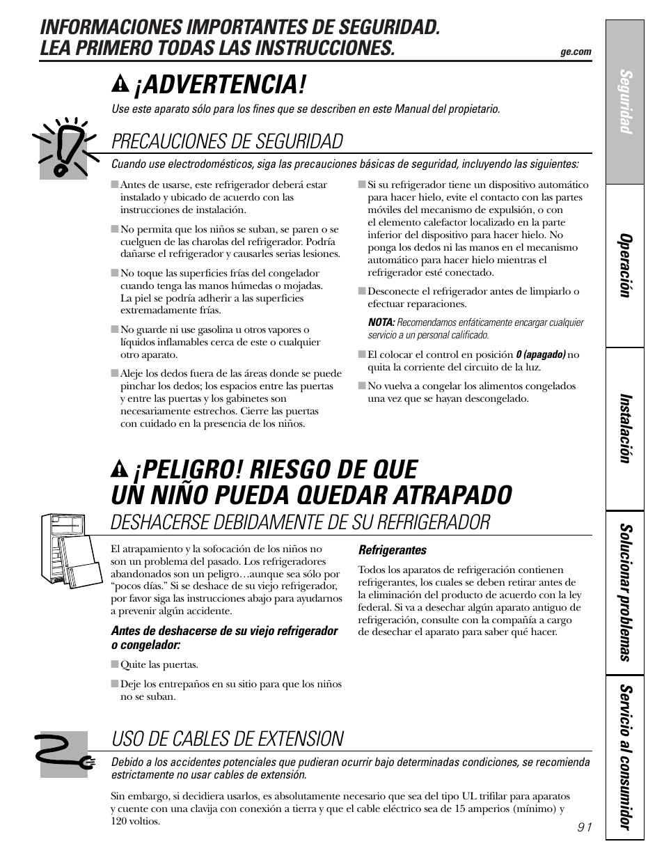 Información de seguridad, Advertencia, Precauciones de seguridad | Deshacerse debidamente de su refrigerador, Uso de cables de extension | GE Monogram 22 User Manual | Page 91 / 132