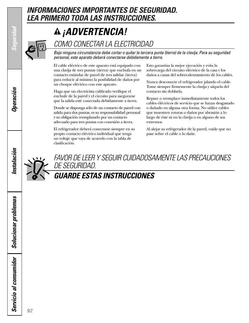 Advertencia, Como conectar la electricidad | GE Monogram 22 User Manual | Page 92 / 132